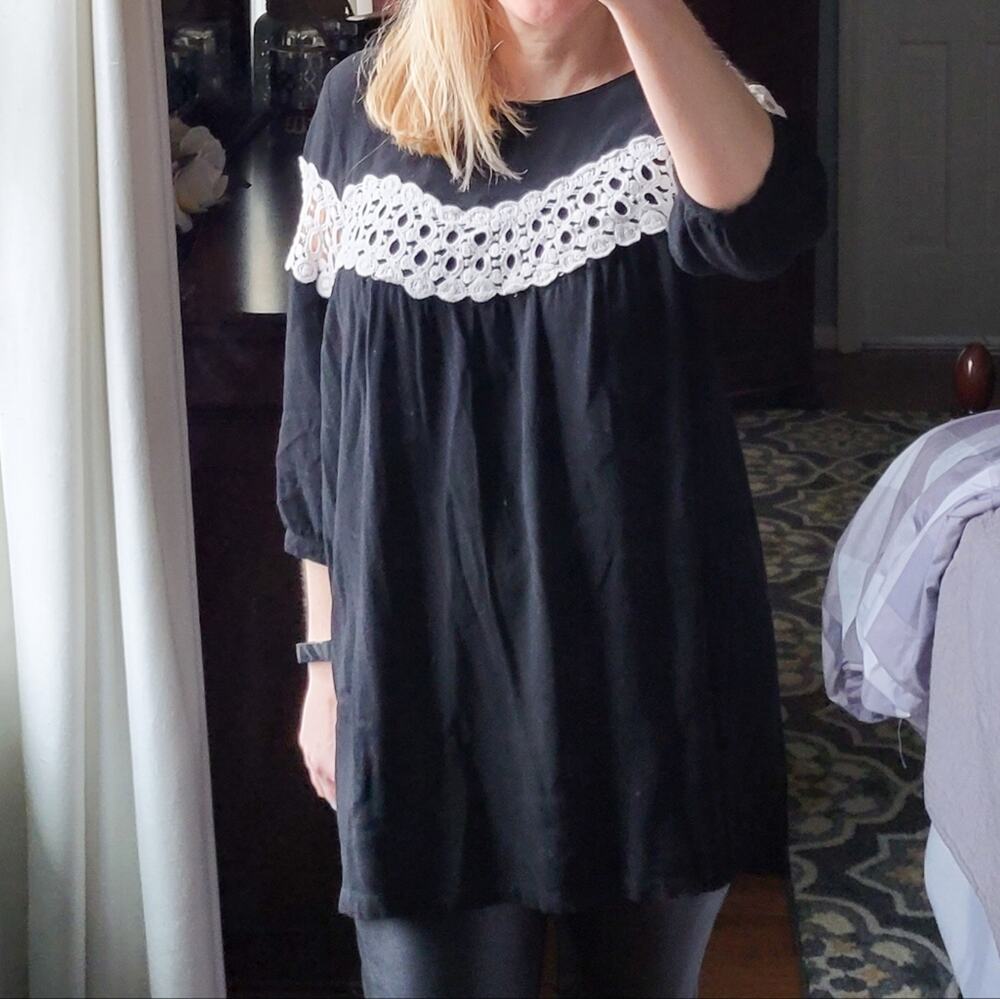 Impressions Tunic Top Black Small Boho Festival Lace, Round Nexk, 3/4 Sleeves